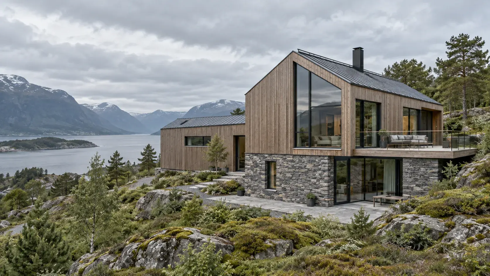 Moderne norsk trehus i landskapet